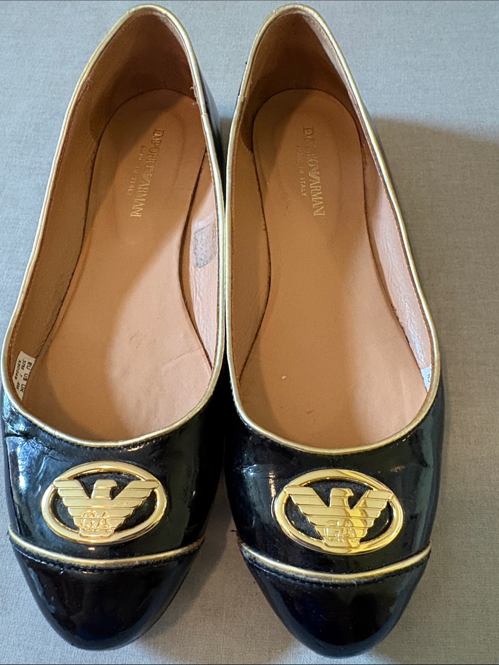 Emporio Armani Black Patent Flats with Gold Emblem Trim